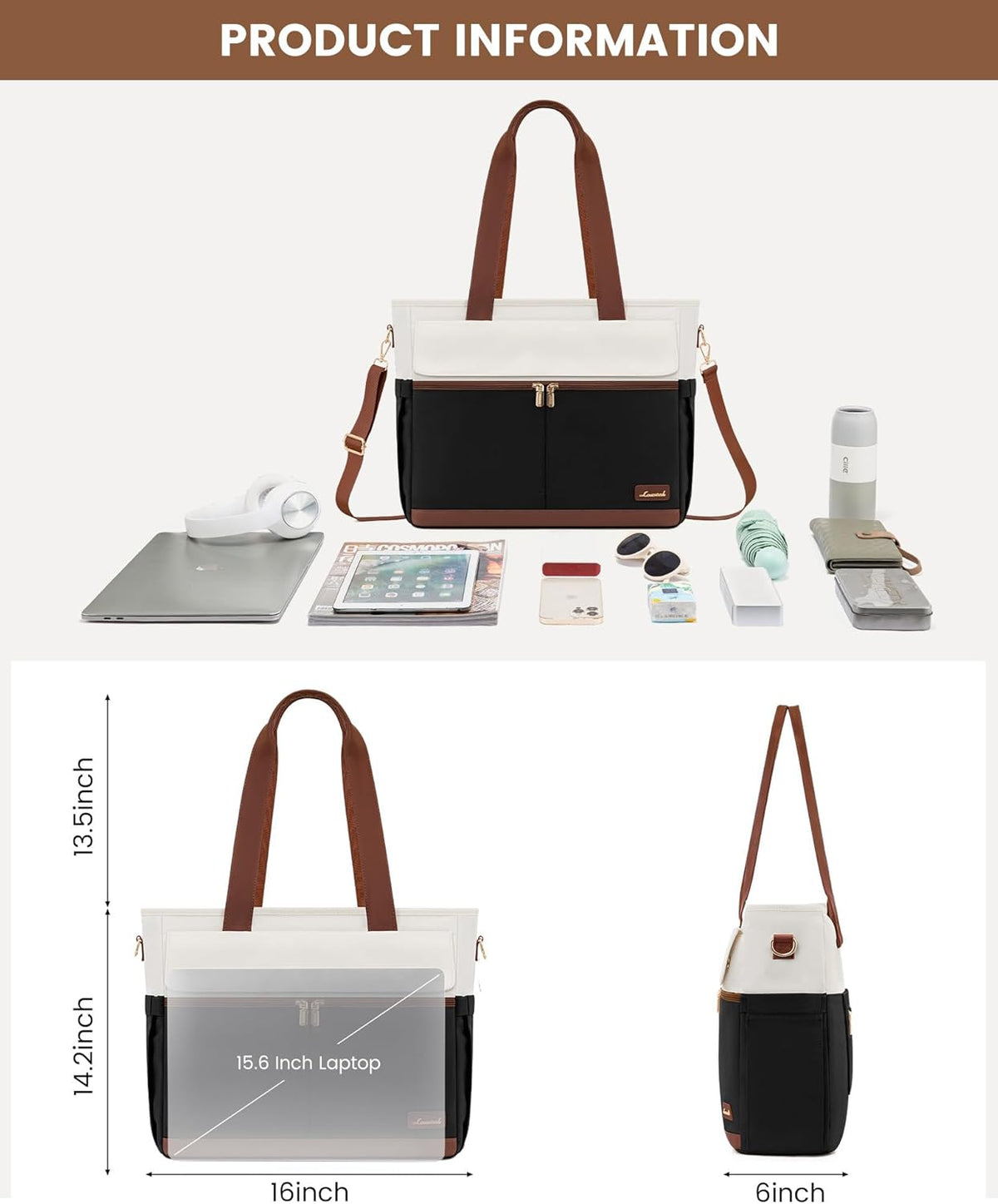 Laptop Tote Bag for Women – 15.6" Roomy Work Bag with Large Inside Cup Pocket, Multiple Pockets for Teacher Nurse, Large Capacity Carry on Travel, Computer Purse Handbag for Office College