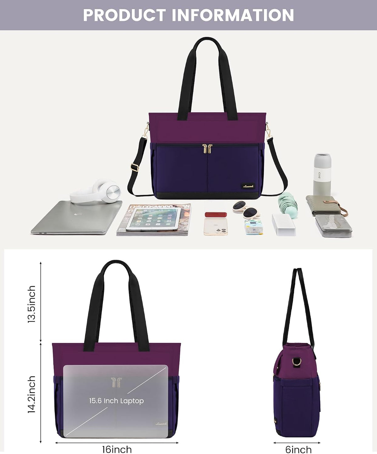 Laptop Tote Bag for Women – 15.6" Roomy Work Bag with Large Inside Cup Pocket, Multiple Pockets for Teacher Nurse, Large Capacity Carry on Travel, Computer Purse Handbag for Office College