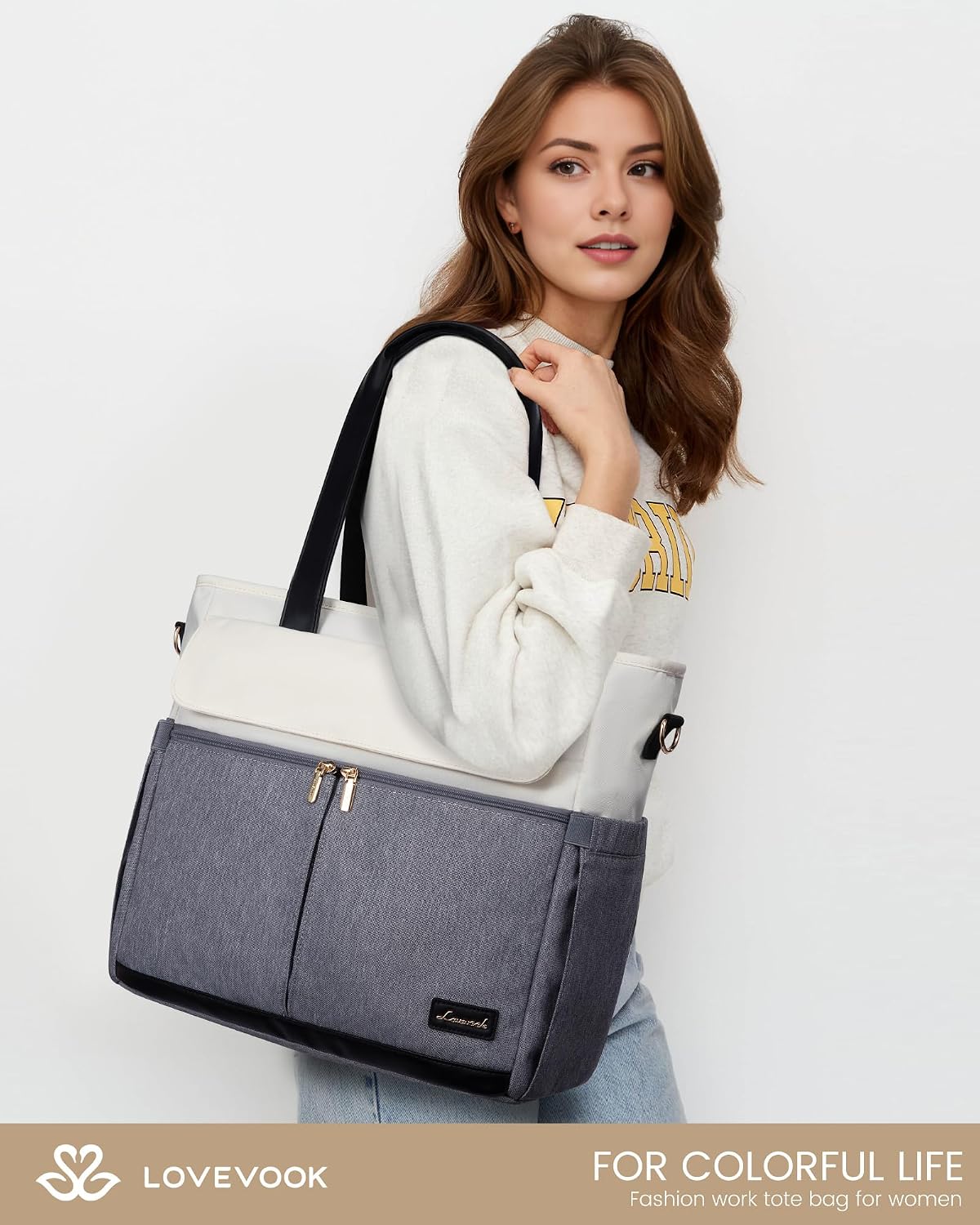 Laptop Tote Bag for Women – 15.6" Roomy Work Bag with Large Inside Cup Pocket, Multiple Pockets for Teacher Nurse, Large Capacity Carry on Travel, Computer Purse Handbag for Office College