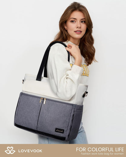Laptop Tote Bag for Women – 15.6" Roomy Work Bag with Large Inside Cup Pocket, Multiple Pockets for Teacher Nurse, Large Capacity Carry on Travel, Computer Purse Handbag for Office College