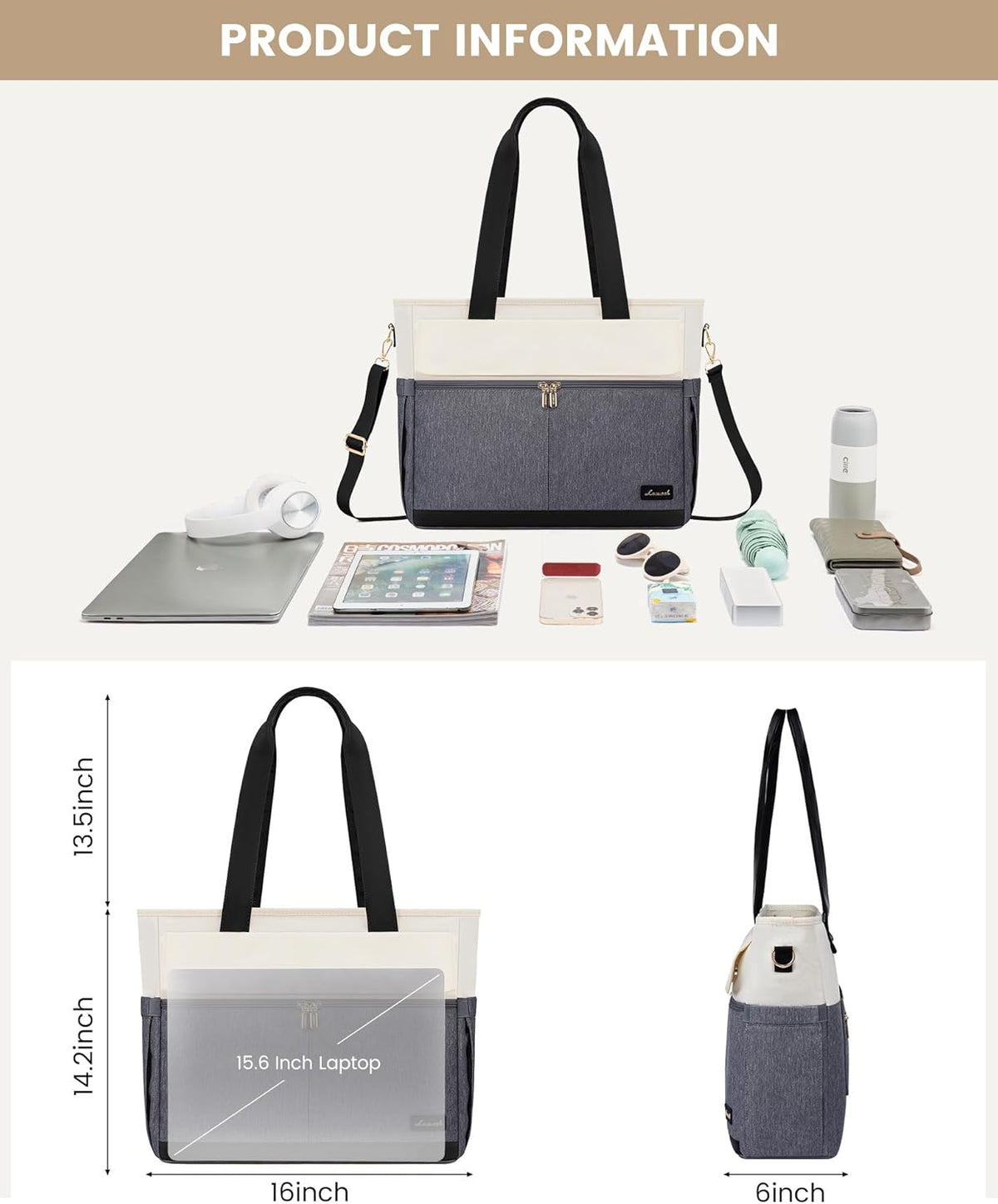Laptop Tote Bag for Women – 15.6" Roomy Work Bag with Large Inside Cup Pocket, Multiple Pockets for Teacher Nurse, Large Capacity Carry on Travel, Computer Purse Handbag for Office College