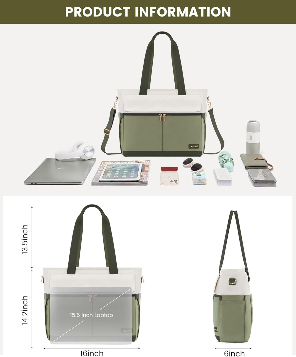 Laptop Tote Bag for Women – 15.6" Roomy Work Bag with Large Inside Cup Pocket, Multiple Pockets for Teacher Nurse, Large Capacity Carry on Travel, Computer Purse Handbag for Office College