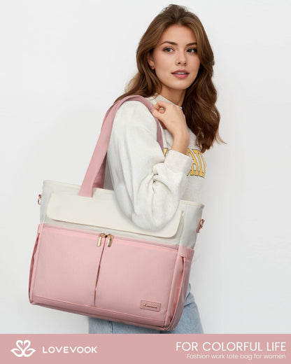 Laptop Tote Bag for Women – 15.6" Roomy Work Bag with Large Inside Cup Pocket, Multiple Pockets for Teacher Nurse, Large Capacity Carry on Travel, Computer Purse Handbag for Office College