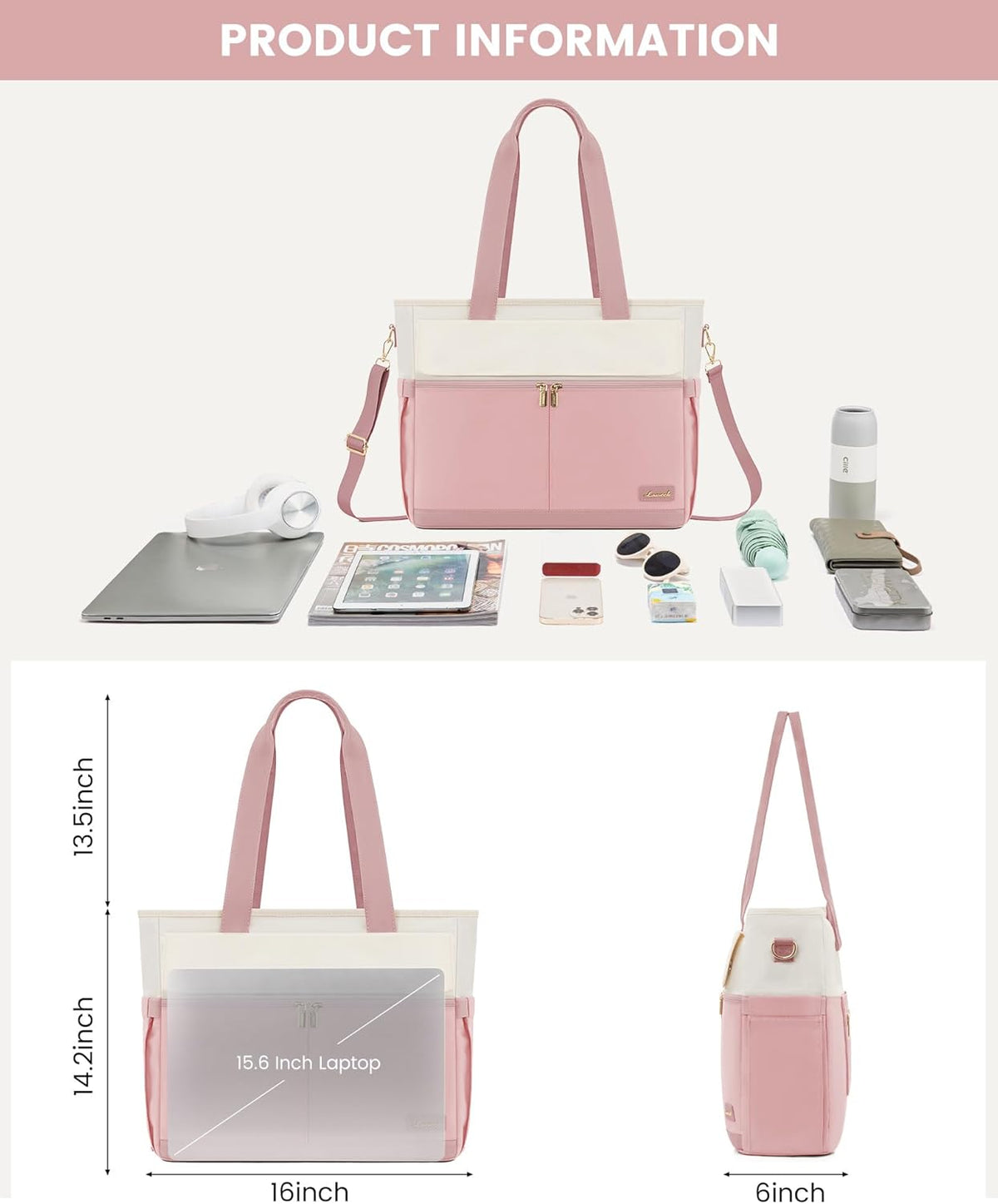 Laptop Tote Bag for Women – 15.6" Roomy Work Bag with Large Inside Cup Pocket, Multiple Pockets for Teacher Nurse, Large Capacity Carry on Travel, Computer Purse Handbag for Office College