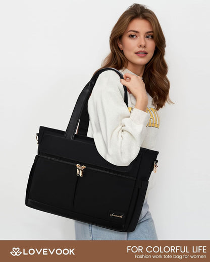 Laptop Tote Bag for Women – 15.6" Roomy Work Bag with Large Inside Cup Pocket, Multiple Pockets for Teacher Nurse, Large Capacity Carry on Travel, Computer Purse Handbag for Office College