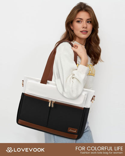 Laptop Tote Bag for Women – 15.6" Roomy Work Bag with Large Inside Cup Pocket, Multiple Pockets for Teacher Nurse, Large Capacity Carry on Travel, Computer Purse Handbag for Office College