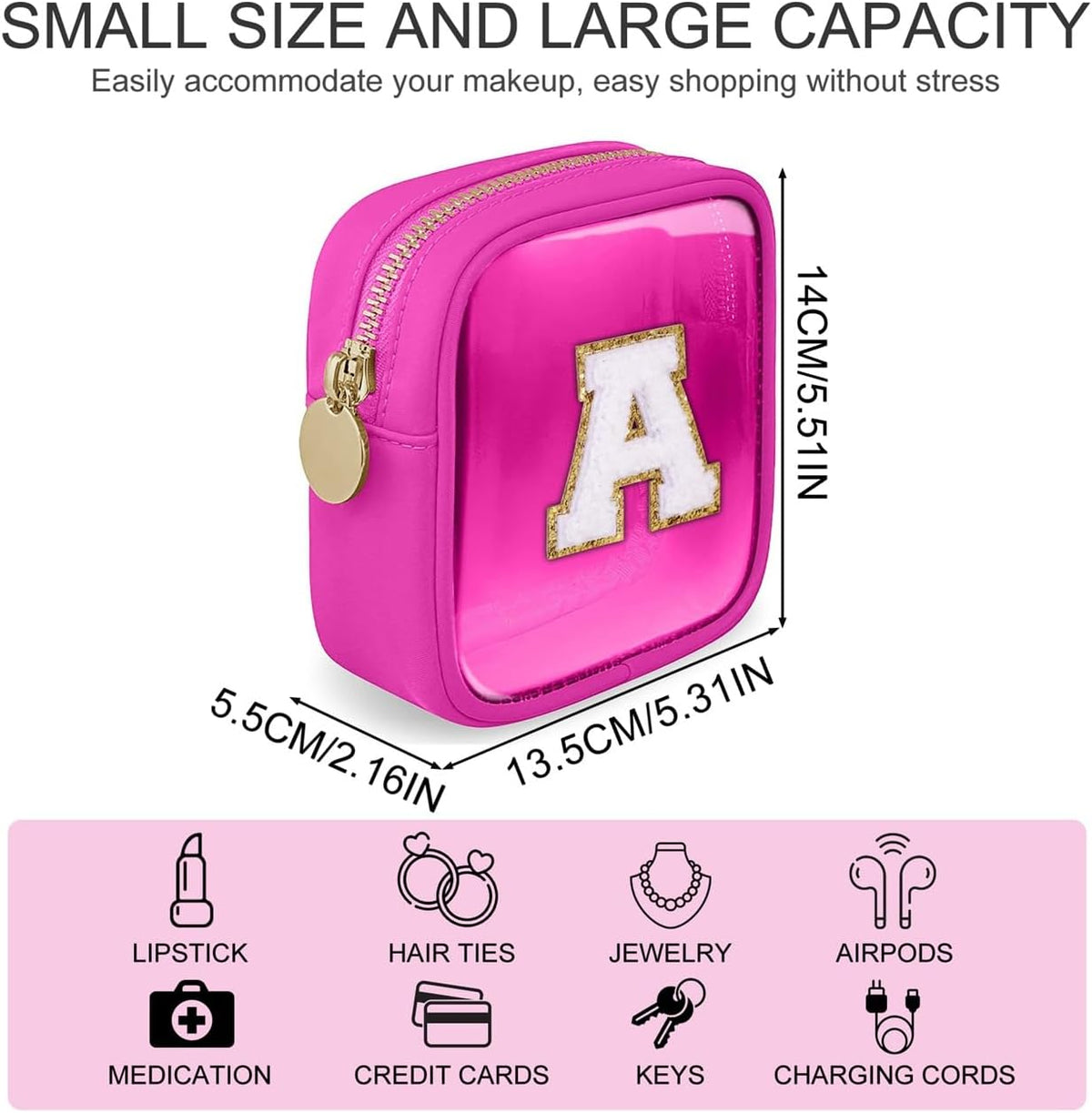Initial Clear Makeup Bag Small Cosmetic Bag Travel Toiletry Bag Clear Zipper Pouch Purse Organizer Bags for Women (Pink, M)