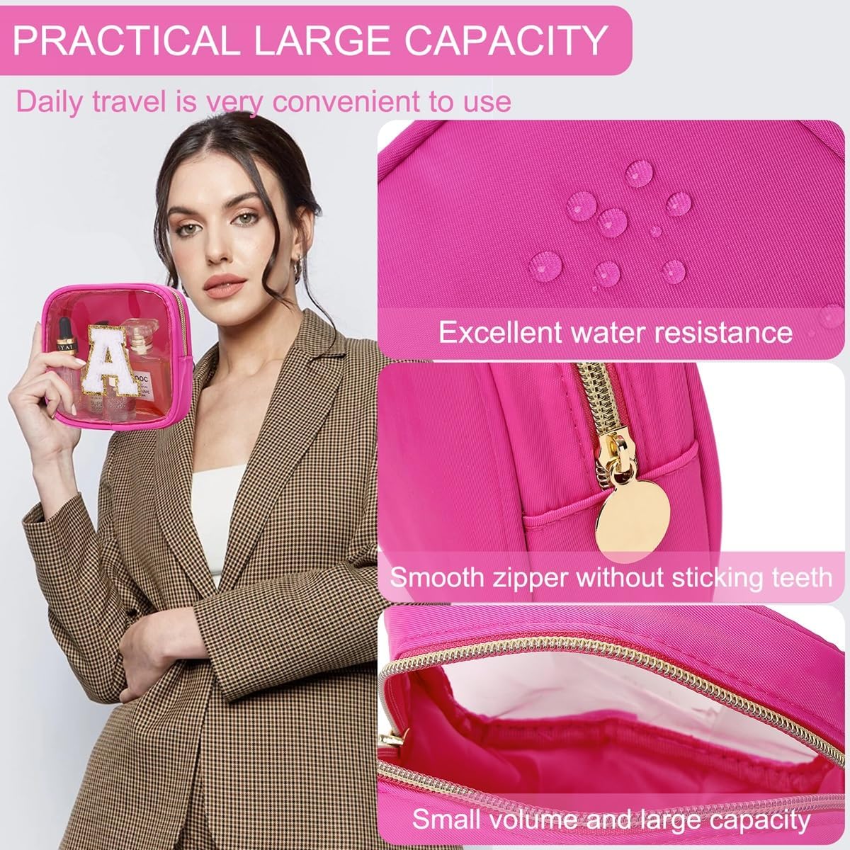 Initial Clear Makeup Bag Small Cosmetic Bag Travel Toiletry Bag Clear Zipper Pouch Purse Organizer Bags for Women (Pink, M)