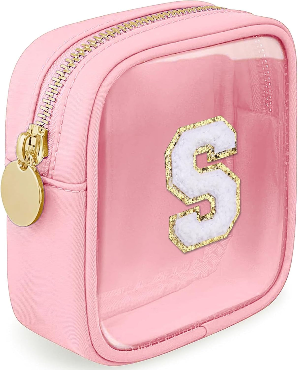 Initial Clear Makeup Bag Small Cosmetic Bag Travel Toiletry Bag Clear Zipper Pouch Purse Organizer Bags for Women (Pink, M)