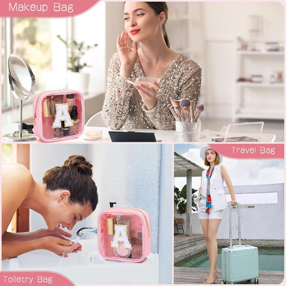 Initial Clear Makeup Bag Small Cosmetic Bag Travel Toiletry Bag Clear Zipper Pouch Purse Organizer Bags for Women (Pink, M)