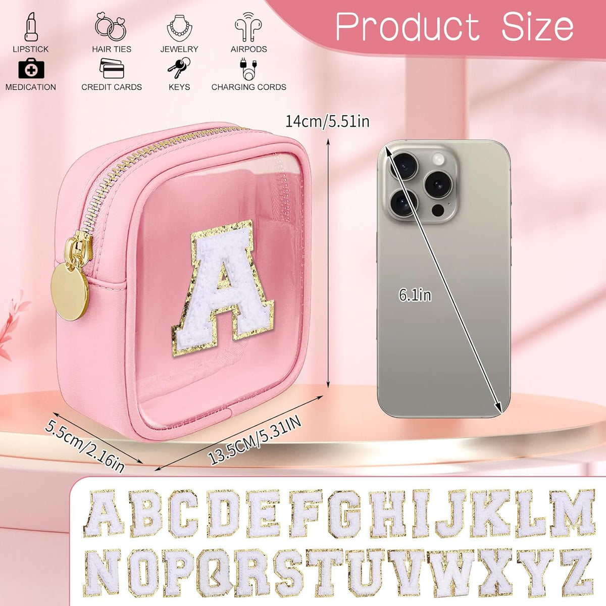 Initial Clear Makeup Bag Small Cosmetic Bag Travel Toiletry Bag Clear Zipper Pouch Purse Organizer Bags for Women (Pink, M)
