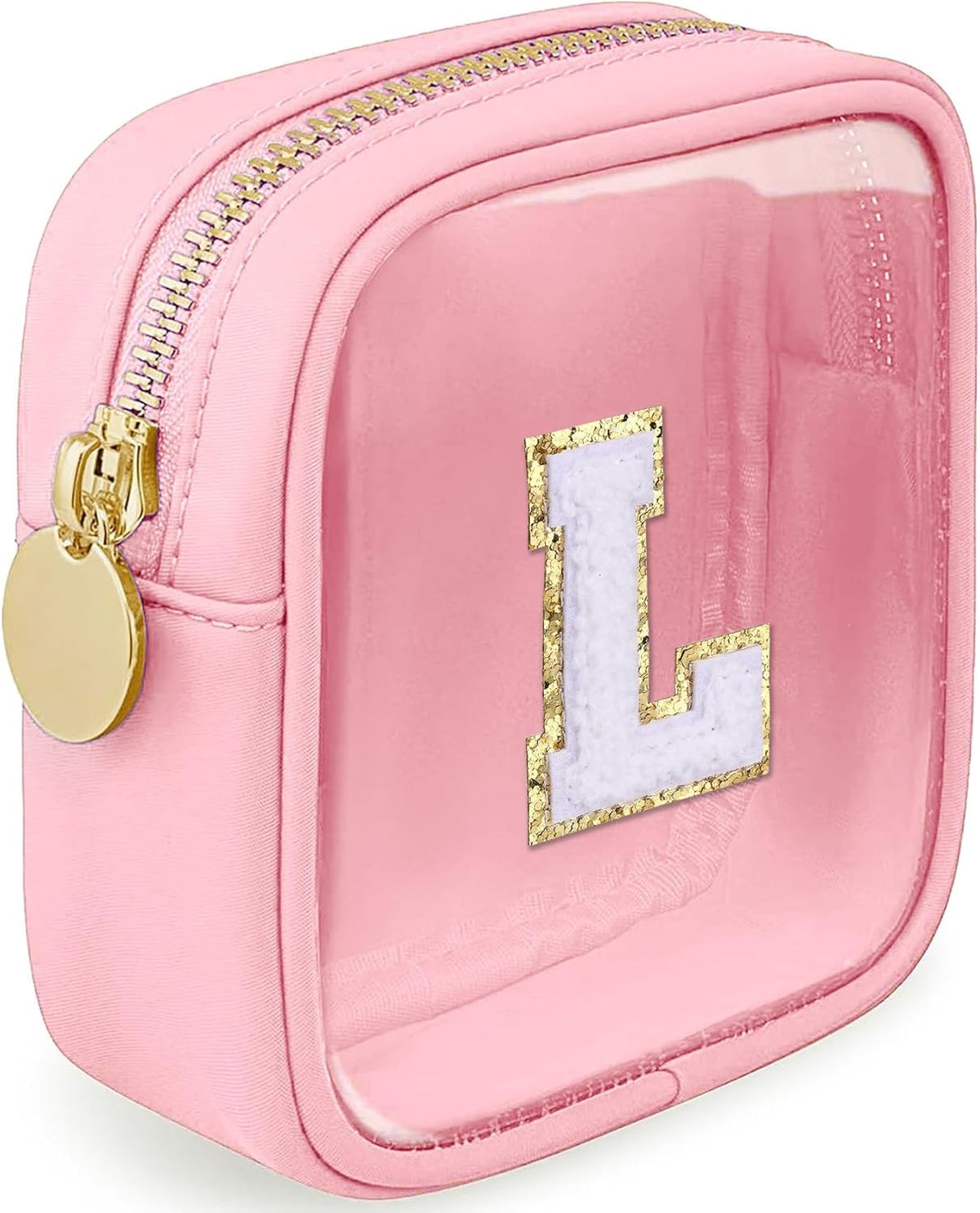 Initial Clear Makeup Bag Small Cosmetic Bag Travel Toiletry Bag Clear Zipper Pouch Purse Organizer Bags for Women (Pink, M)