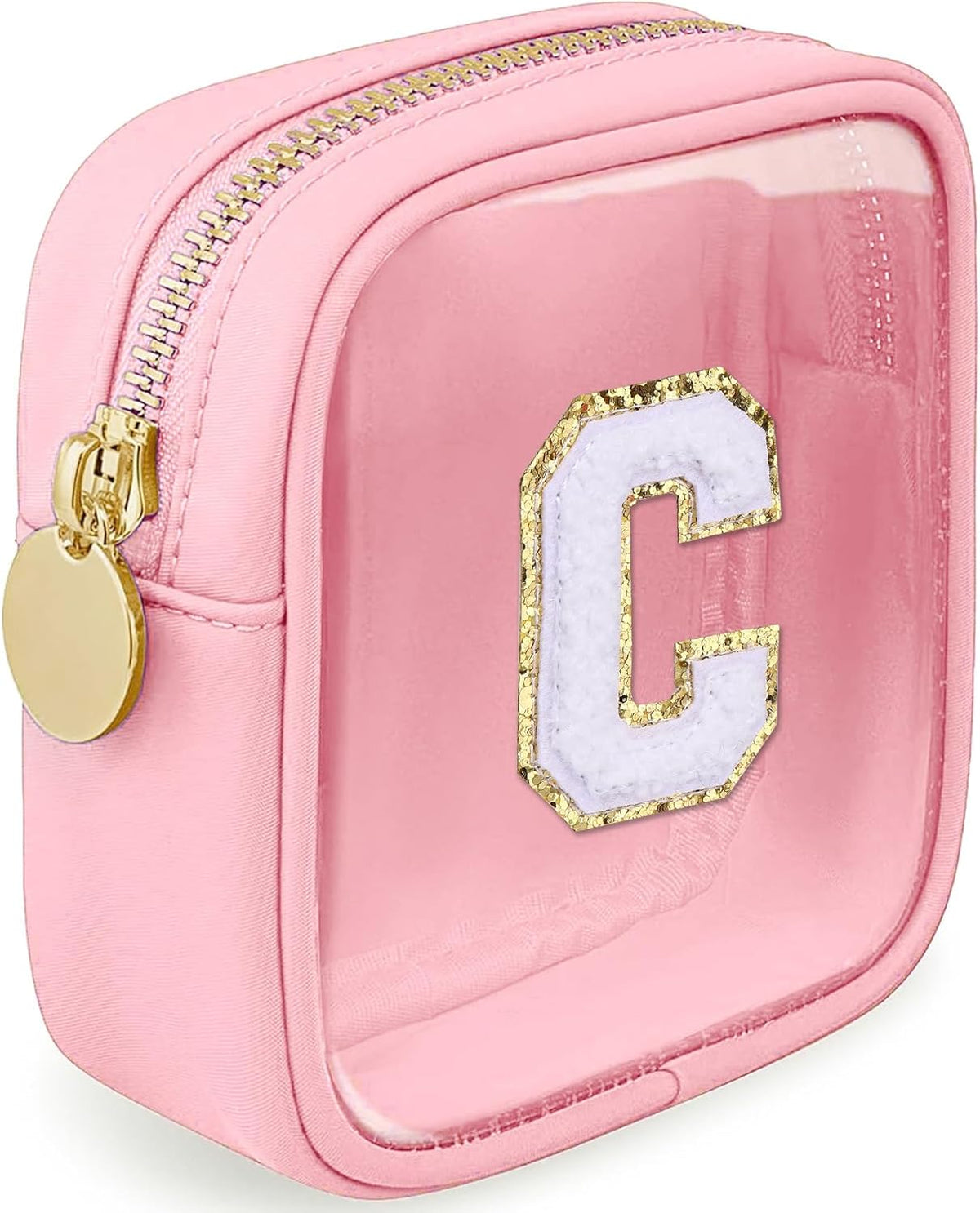 Initial Clear Makeup Bag Small Cosmetic Bag Travel Toiletry Bag Clear Zipper Pouch Purse Organizer Bags for Women (Pink, M)