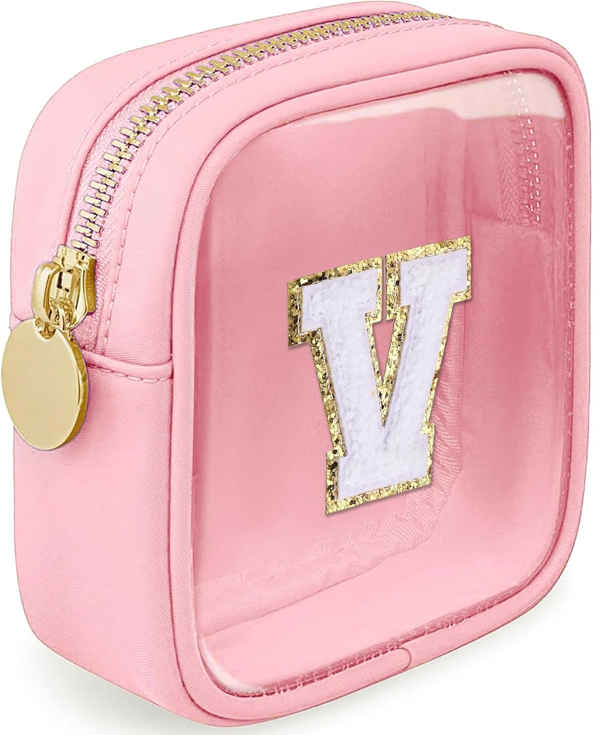 Initial Clear Makeup Bag Small Cosmetic Bag Travel Toiletry Bag Clear Zipper Pouch Purse Organizer Bags for Women (Pink, M)