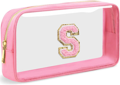 Initial Clear Makeup Bag Small Cosmetic Bag Travel Toiletry Bag Clear Zipper Pouch Purse Organizer Bags for Women (Pink, M)