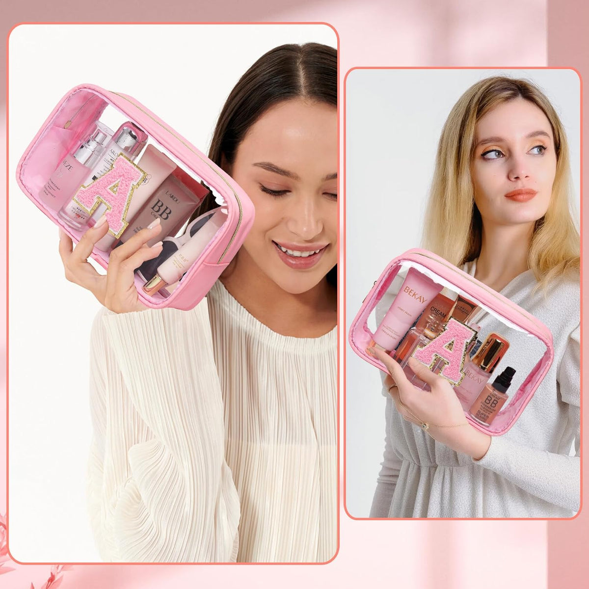 Initial Clear Makeup Bag Small Cosmetic Bag Travel Toiletry Bag Clear Zipper Pouch Purse Organizer Bags for Women (Pink, M)