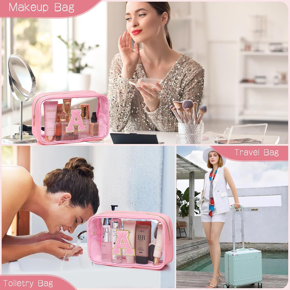 Initial Clear Makeup Bag Small Cosmetic Bag Travel Toiletry Bag Clear Zipper Pouch Purse Organizer Bags for Women (Pink, M)