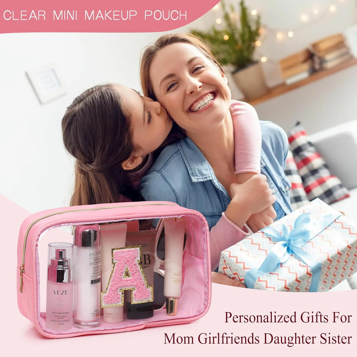 Initial Clear Makeup Bag Small Cosmetic Bag Travel Toiletry Bag Clear Zipper Pouch Purse Organizer Bags for Women (Pink, M)