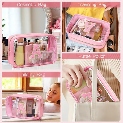 Initial Clear Makeup Bag Small Cosmetic Bag Travel Toiletry Bag Clear Zipper Pouch Purse Organizer Bags for Women (Pink, M)