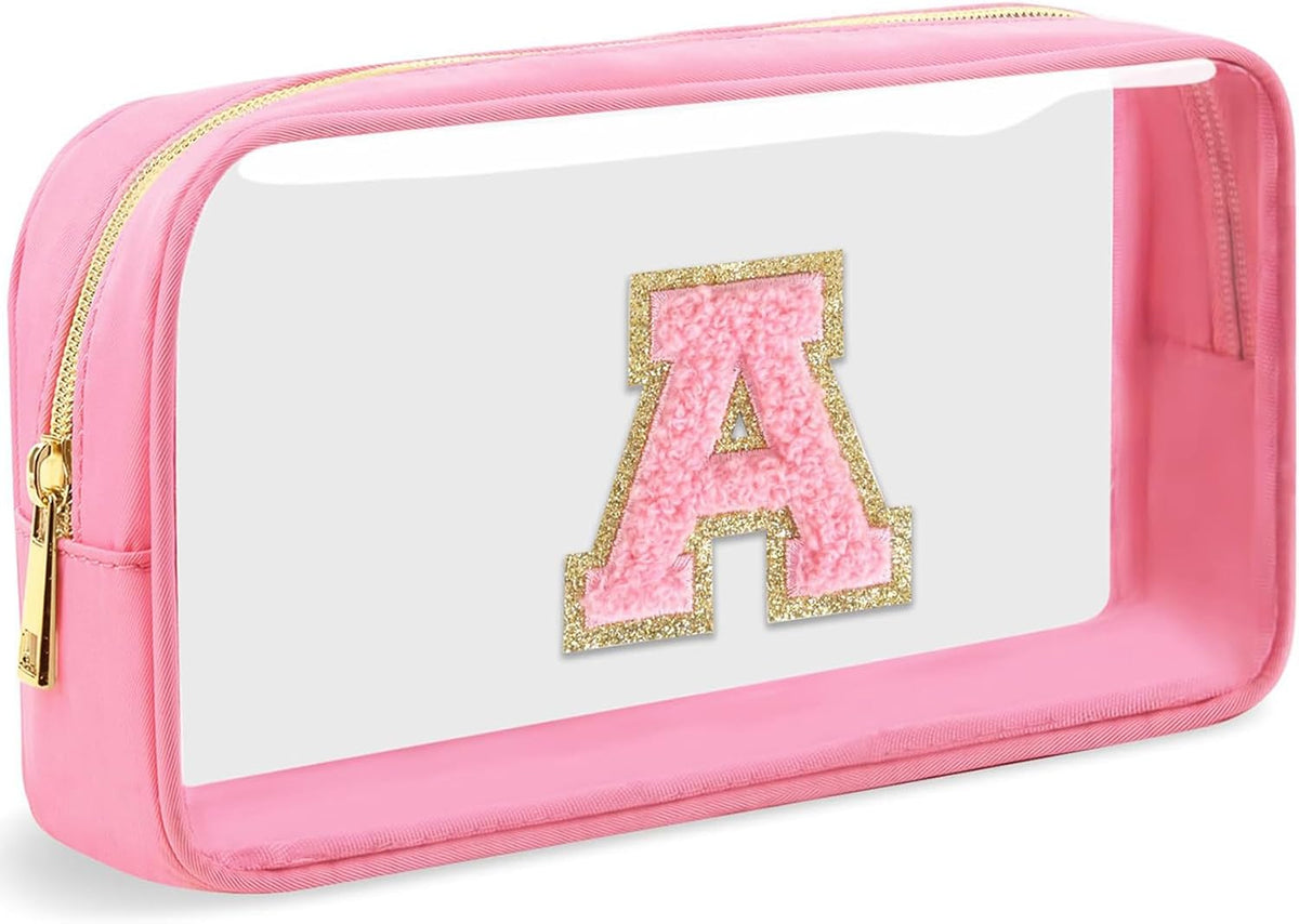 Initial Clear Makeup Bag Small Cosmetic Bag Travel Toiletry Bag Clear Zipper Pouch Purse Organizer Bags for Women (Pink, M)