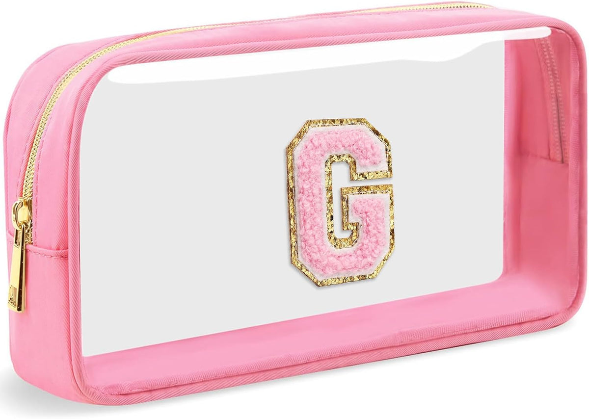Initial Clear Makeup Bag Small Cosmetic Bag Travel Toiletry Bag Clear Zipper Pouch Purse Organizer Bags for Women (Pink, M)