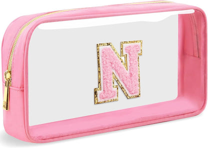 Initial Clear Makeup Bag Small Cosmetic Bag Travel Toiletry Bag Clear Zipper Pouch Purse Organizer Bags for Women (Pink, M)