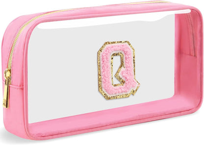 Initial Clear Makeup Bag Small Cosmetic Bag Travel Toiletry Bag Clear Zipper Pouch Purse Organizer Bags for Women (Pink, M)