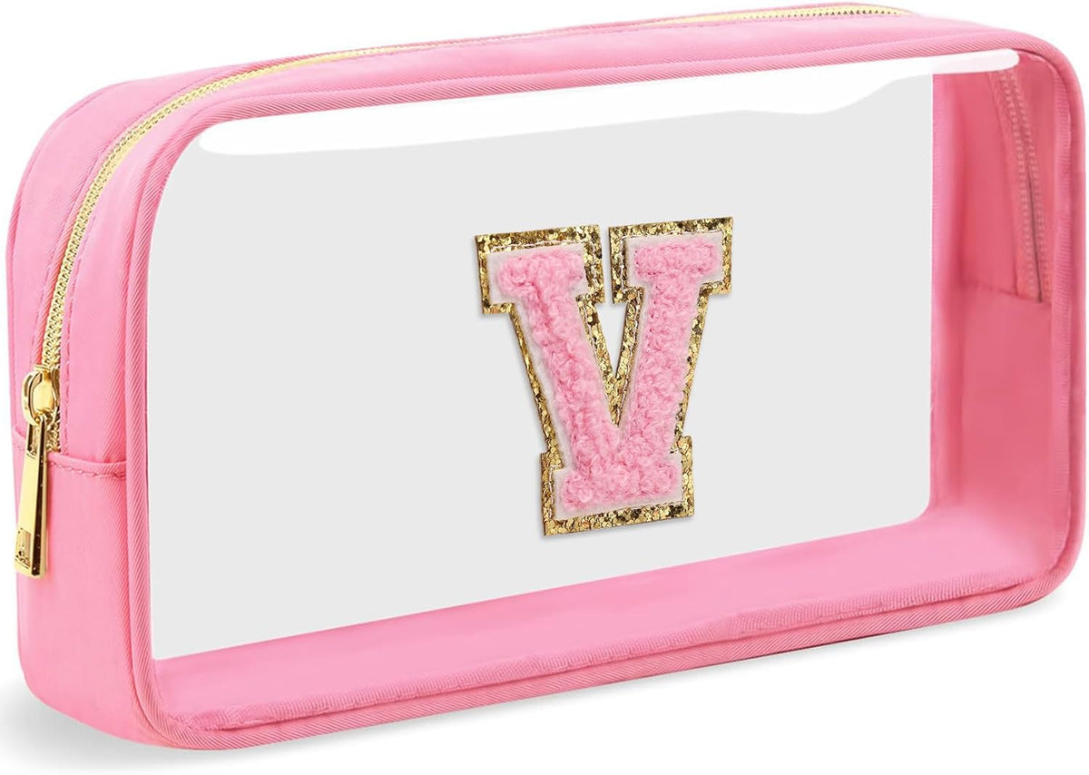 Initial Clear Makeup Bag Small Cosmetic Bag Travel Toiletry Bag Clear Zipper Pouch Purse Organizer Bags for Women (Pink, M)