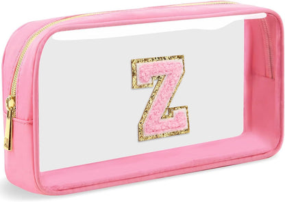 Initial Clear Makeup Bag Small Cosmetic Bag Travel Toiletry Bag Clear Zipper Pouch Purse Organizer Bags for Women (Pink, M)