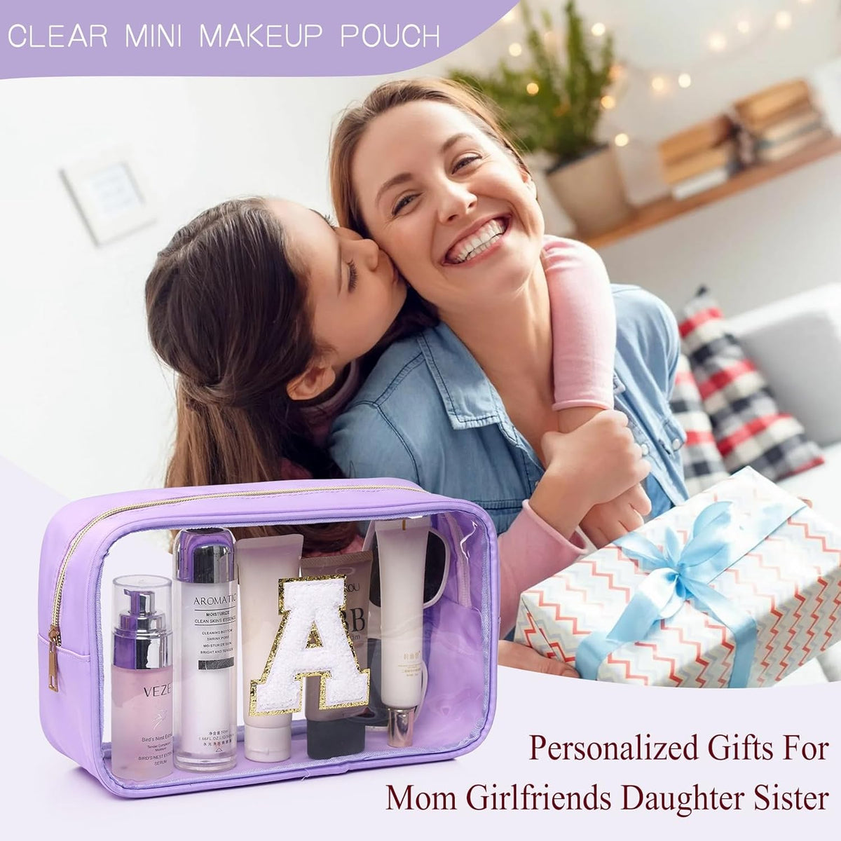 Initial Clear Makeup Bag Small Cosmetic Bag Travel Toiletry Bag Clear Zipper Pouch Purse Organizer Bags for Women (Pink, M)