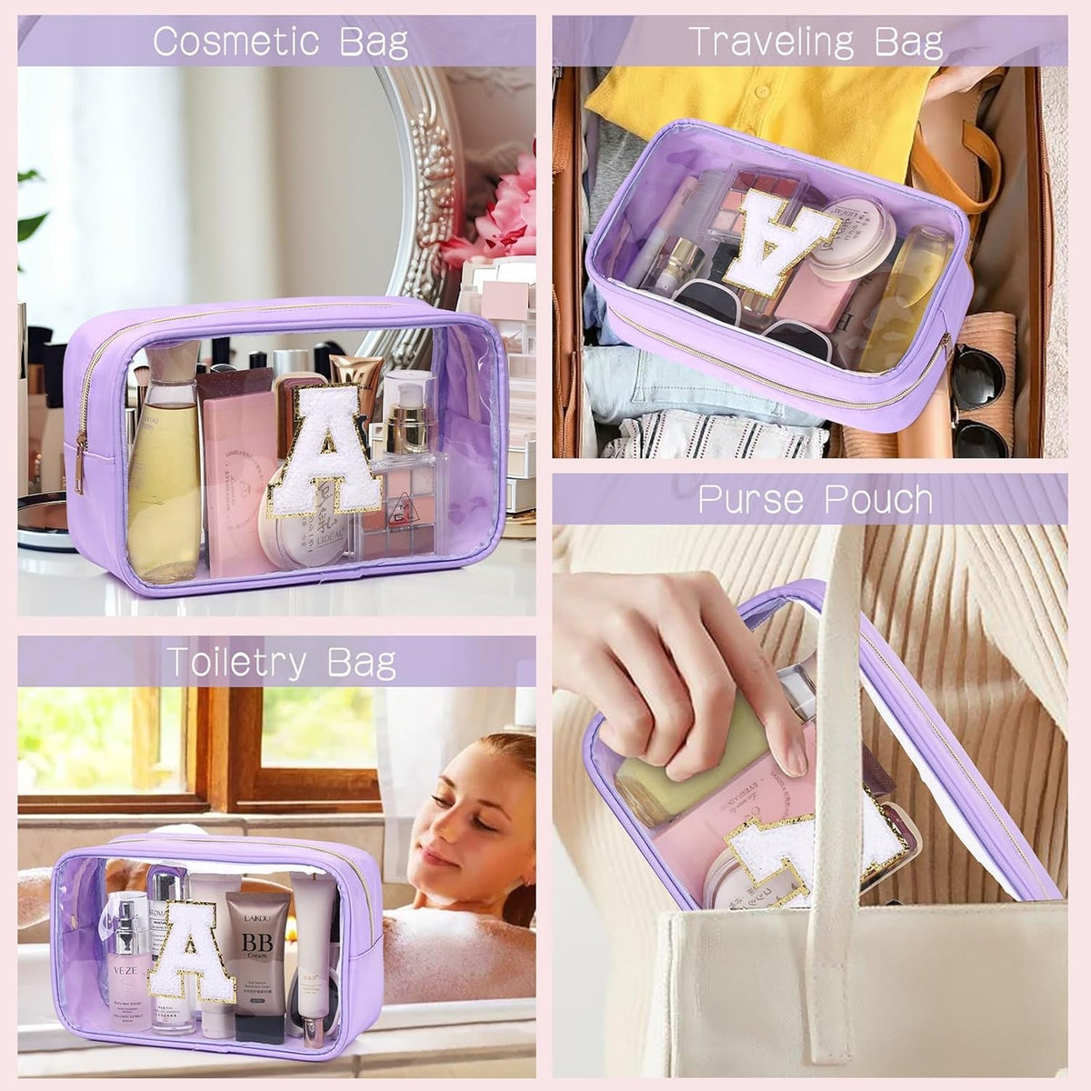 Initial Clear Makeup Bag Small Cosmetic Bag Travel Toiletry Bag Clear Zipper Pouch Purse Organizer Bags for Women (Pink, M)