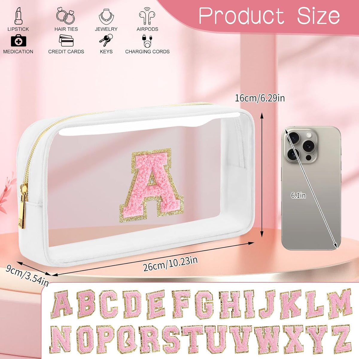 Initial Clear Makeup Bag Small Cosmetic Bag Travel Toiletry Bag Clear Zipper Pouch Purse Organizer Bags for Women (Pink, M)
