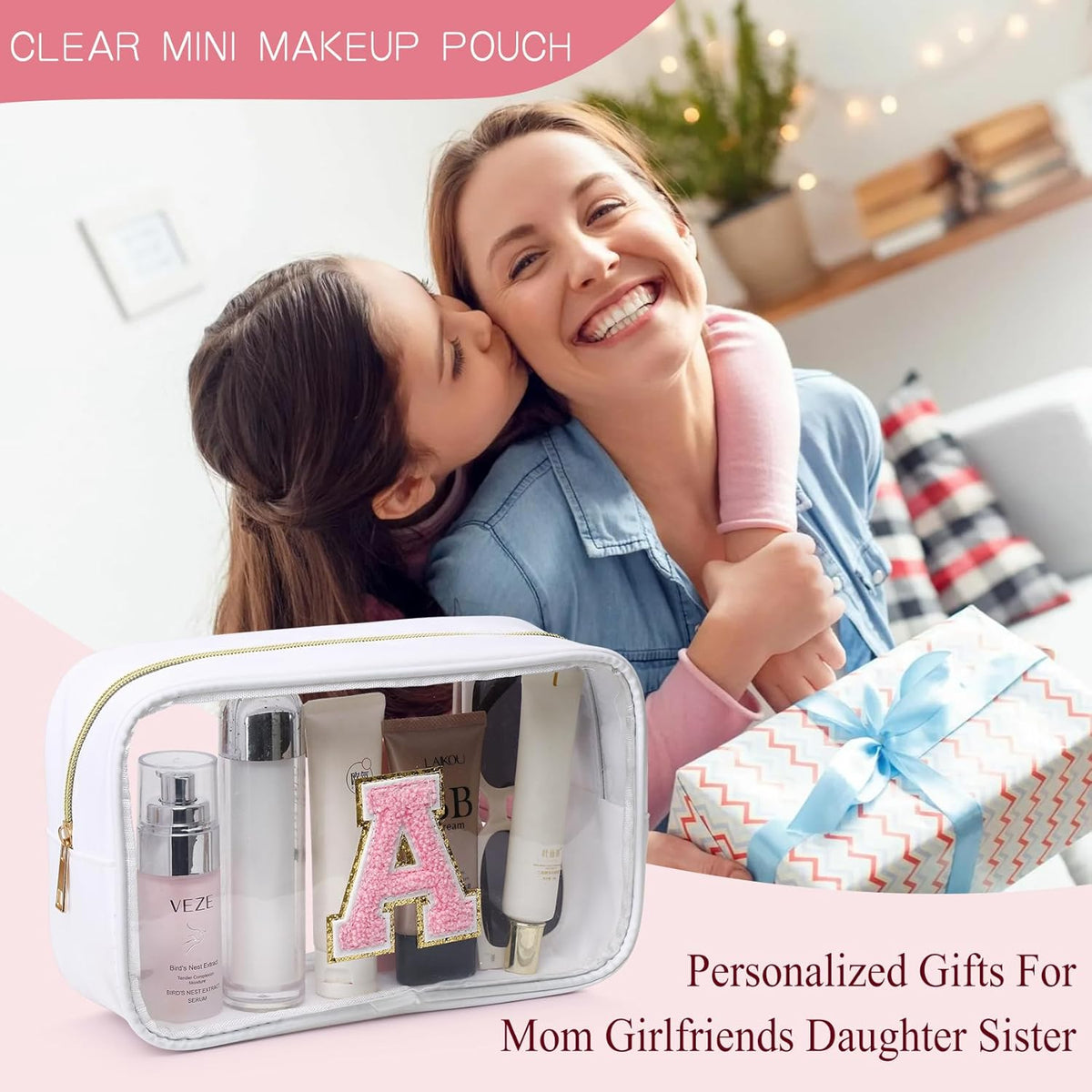 Initial Clear Makeup Bag Small Cosmetic Bag Travel Toiletry Bag Clear Zipper Pouch Purse Organizer Bags for Women (Pink, M)