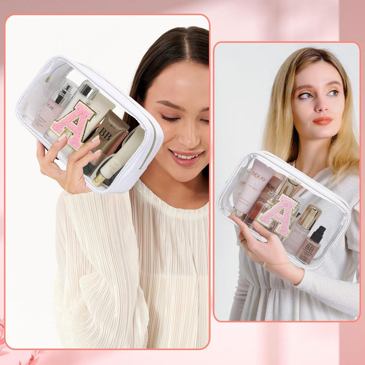Initial Clear Makeup Bag Small Cosmetic Bag Travel Toiletry Bag Clear Zipper Pouch Purse Organizer Bags for Women (Pink, M)