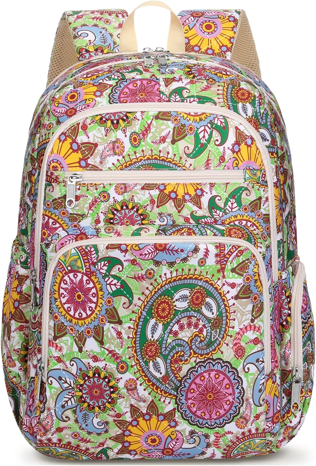 Large Backpack for Women Backpack with Lots of Pockets for Travel Work School Bookbag with Laptop Compartment for High School College Girls Mochilas Morrales para Mujer (Beige/Green, Paisley)