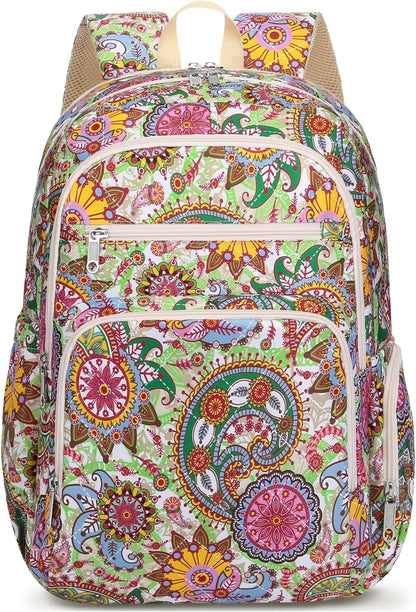 Large Backpack for Women Backpack with Lots of Pockets for Travel Work School Bookbag with Laptop Compartment for High School College Girls Mochilas Morrales para Mujer (Beige/Green, Paisley)