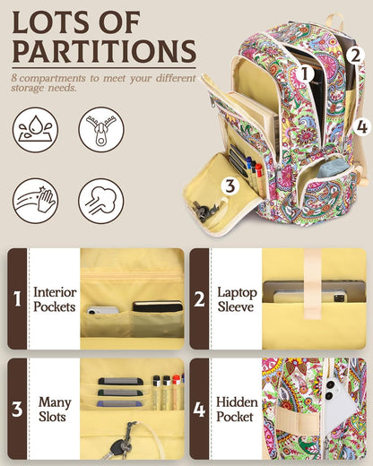 Large Backpack for Women Backpack with Lots of Pockets for Travel Work School Bookbag with Laptop Compartment for High School College Girls Mochilas Morrales para Mujer (Beige/Green, Paisley)