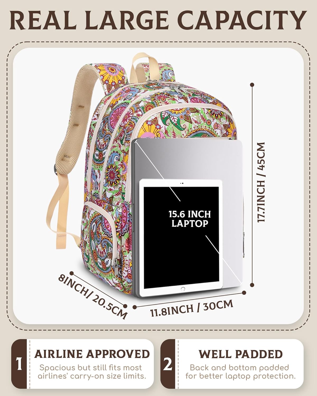 Large Backpack for Women Backpack with Lots of Pockets for Travel Work School Bookbag with Laptop Compartment for High School College Girls Mochilas Morrales para Mujer (Beige/Green, Paisley)