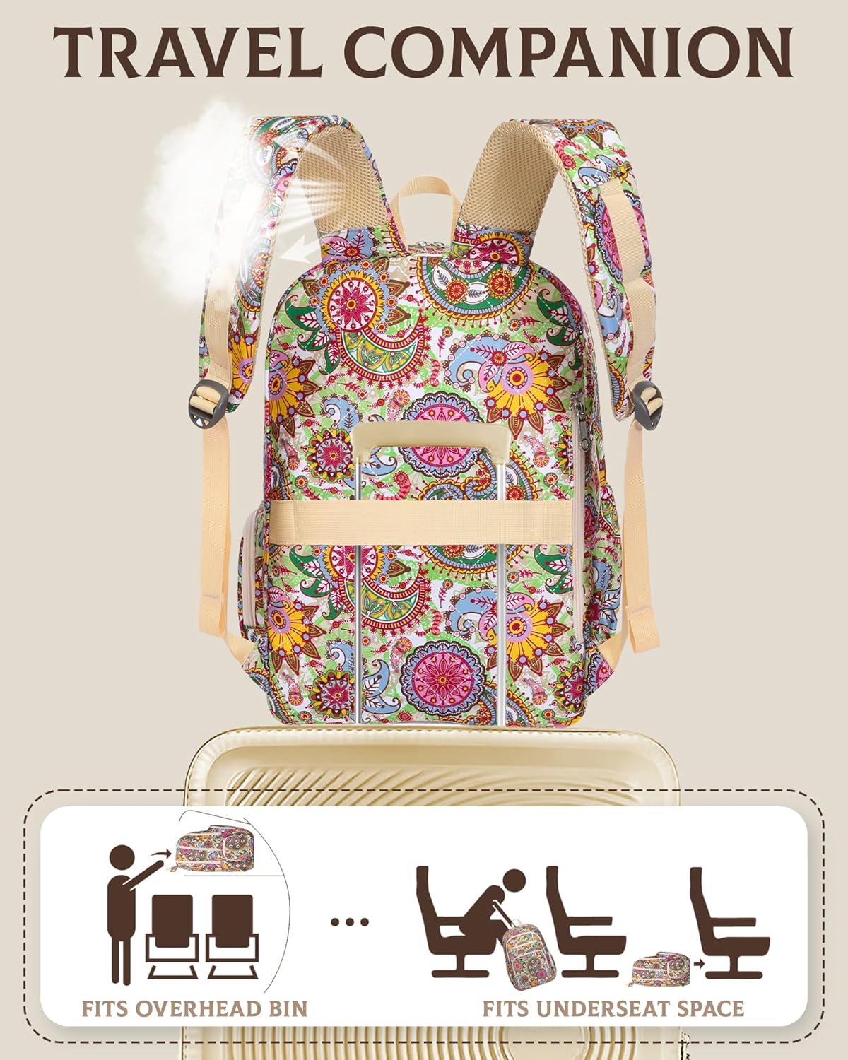 Large Backpack for Women Backpack with Lots of Pockets for Travel Work School Bookbag with Laptop Compartment for High School College Girls Mochilas Morrales para Mujer (Beige/Green, Paisley)