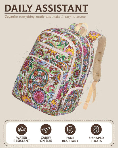 Large Backpack for Women Backpack with Lots of Pockets for Travel Work School Bookbag with Laptop Compartment for High School College Girls Mochilas Morrales para Mujer (Beige/Green, Paisley)