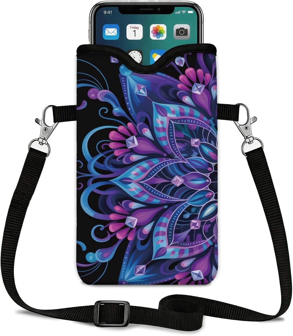 Neoprene Phone Sleeve Pouch Case Bag for Women Men with Crossbody Strap, 7.1x3.9 in, Shockproof Black Cat Mobile Protection Case Bag with Neck Lanyard, Black Cat Garden, Gift for Cats Lovers - Colors B