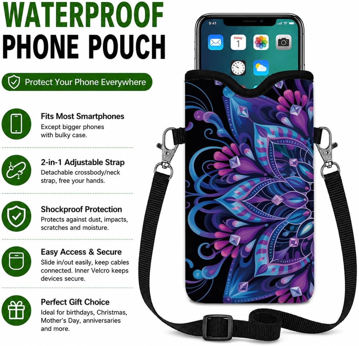 Neoprene Phone Sleeve Pouch Case Bag for Women Men with Crossbody Strap, 7.1x3.9 in, Shockproof Black Cat Mobile Protection Case Bag with Neck Lanyard, Black Cat Garden, Gift for Cats Lovers - Colors B