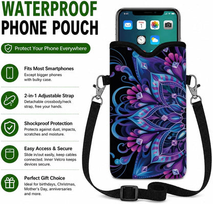 Neoprene Phone Sleeve Pouch Case Bag for Women Men with Crossbody Strap, 7.1x3.9 in, Shockproof Black Cat Mobile Protection Case Bag with Neck Lanyard, Black Cat Garden, Gift for Cats Lovers - Colors B