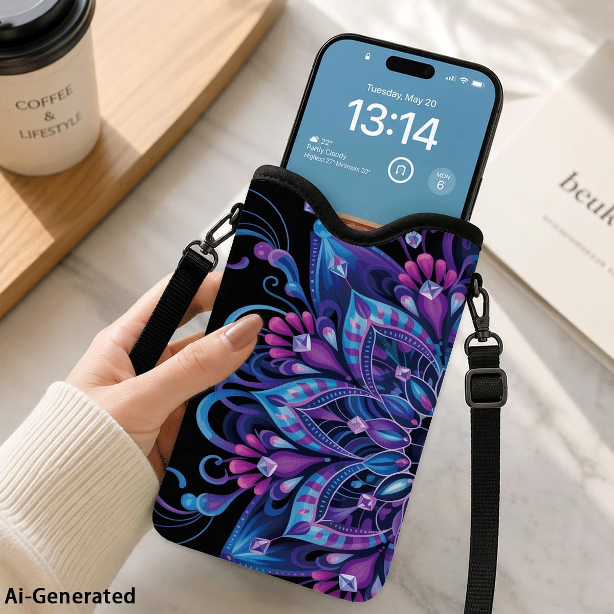 Neoprene Phone Sleeve Pouch Case Bag for Women Men with Crossbody Strap, 7.1x3.9 in, Shockproof Black Cat Mobile Protection Case Bag with Neck Lanyard, Black Cat Garden, Gift for Cats Lovers - Colors B