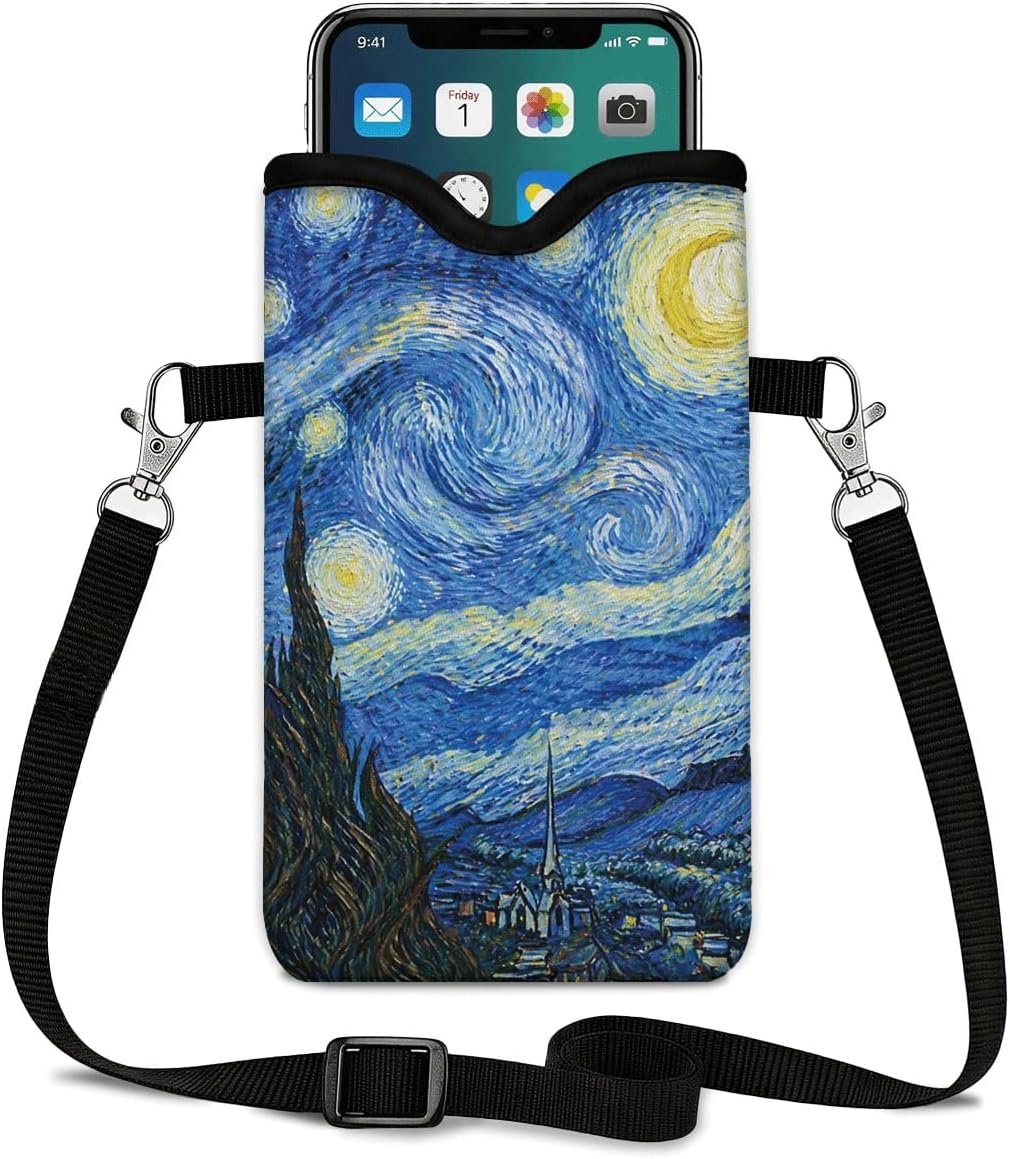 Neoprene Phone Sleeve Pouch Case Bag for Women Men with Crossbody Strap, 7.1x3.9 in, Shockproof Black Cat Mobile Protection Case Bag with Neck Lanyard, Black Cat Garden, Gift for Cats Lovers - Colors B