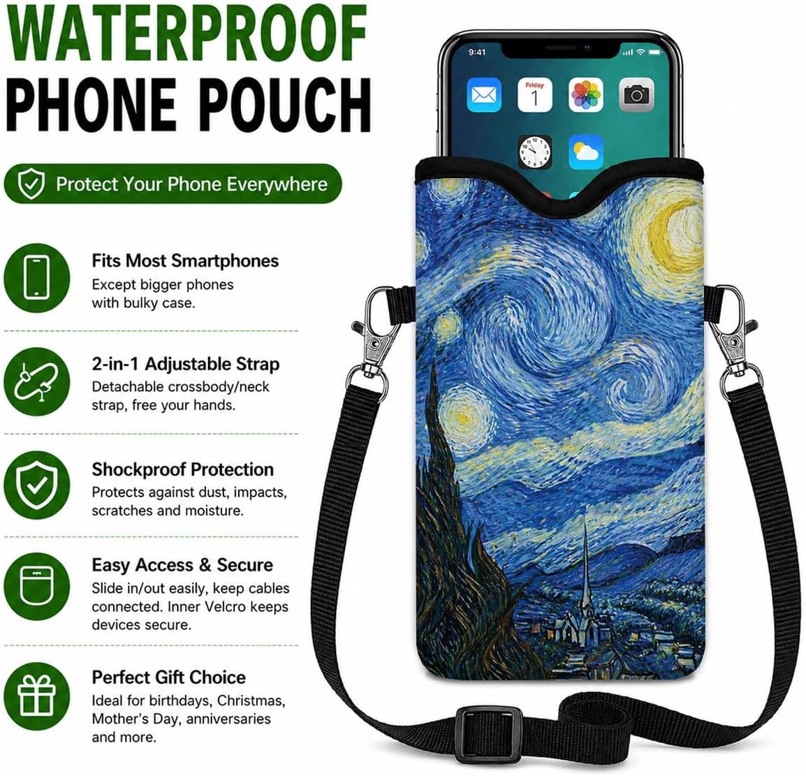 Neoprene Phone Sleeve Pouch Case Bag for Women Men with Crossbody Strap, 7.1x3.9 in, Shockproof Black Cat Mobile Protection Case Bag with Neck Lanyard, Black Cat Garden, Gift for Cats Lovers - Colors B