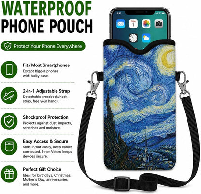 Neoprene Phone Sleeve Pouch Case Bag for Women Men with Crossbody Strap, 7.1x3.9 in, Shockproof Black Cat Mobile Protection Case Bag with Neck Lanyard, Black Cat Garden, Gift for Cats Lovers - Colors B