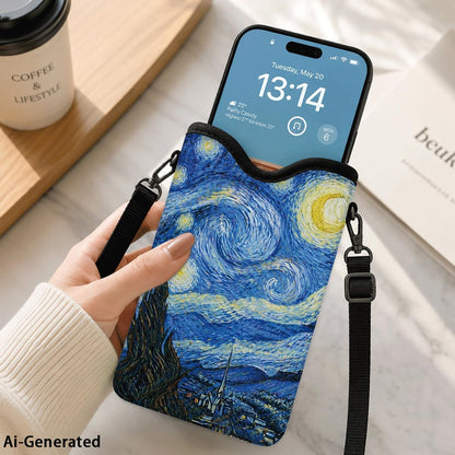 Neoprene Phone Sleeve Pouch Case Bag for Women Men with Crossbody Strap, 7.1x3.9 in, Shockproof Black Cat Mobile Protection Case Bag with Neck Lanyard, Black Cat Garden, Gift for Cats Lovers - Colors B