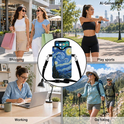 Neoprene Phone Sleeve Pouch Case Bag for Women Men with Crossbody Strap, 7.1x3.9 in, Shockproof Black Cat Mobile Protection Case Bag with Neck Lanyard, Black Cat Garden, Gift for Cats Lovers - Colors B