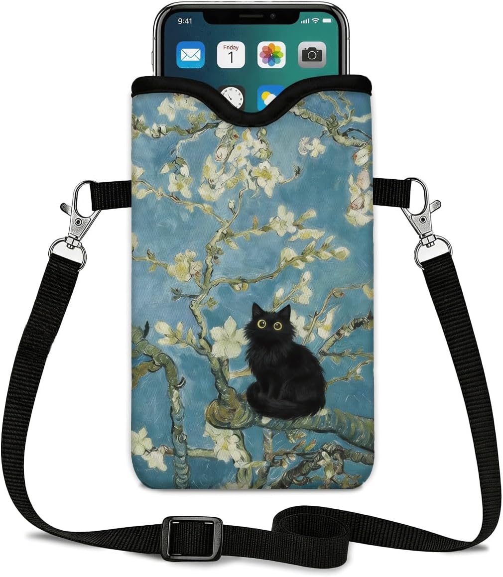 Neoprene Phone Sleeve Pouch Case Bag for Women Men with Crossbody Strap, 7.1x3.9 in, Shockproof Black Cat Mobile Protection Case Bag with Neck Lanyard, Black Cat Garden, Gift for Cats Lovers - Colors B